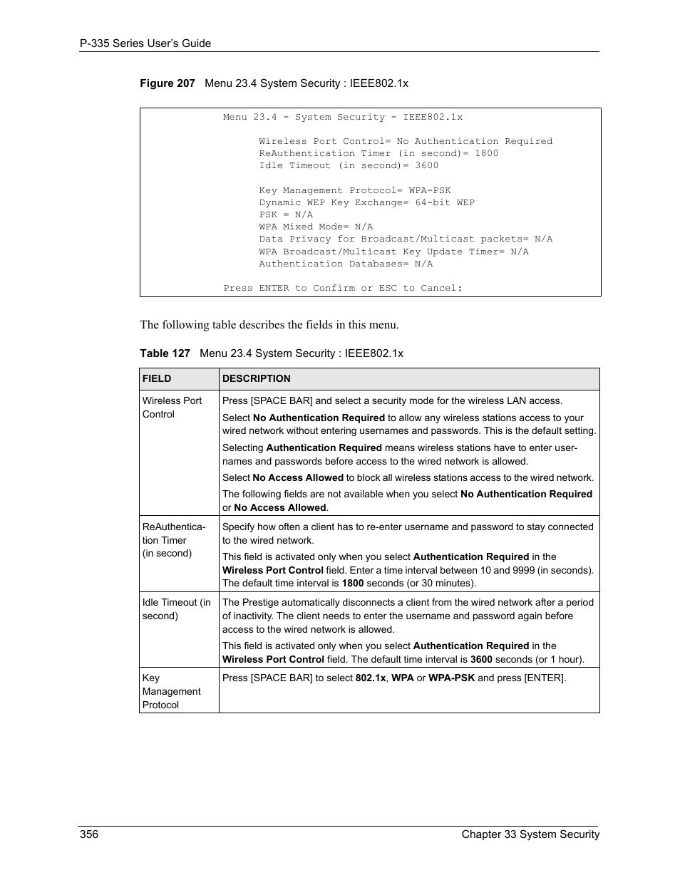 Figure 207 menu 23.4 system security : ieee802.1x, Table 127 menu 23.4 system security : ieee802.1x | ZyXEL Communications P-335WT User Manual | Page 356 / 509