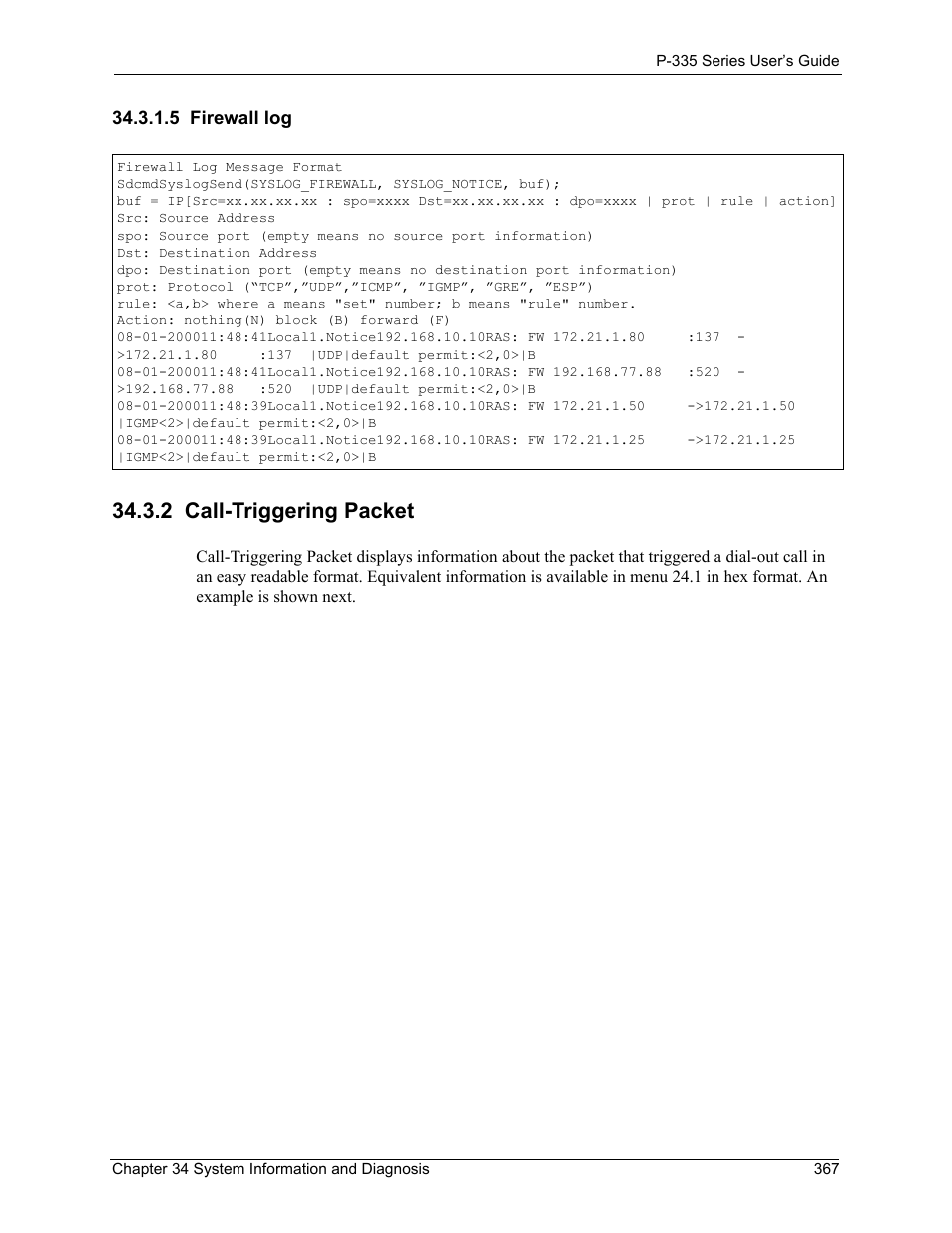 5 firewall log, 2 call-triggering packet | ZyXEL Communications P-335WT User Manual | Page 367 / 509