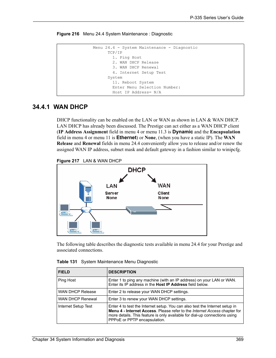 1 wan dhcp, Table 131 system maintenance menu diagnostic | ZyXEL Communications P-335WT User Manual | Page 369 / 509