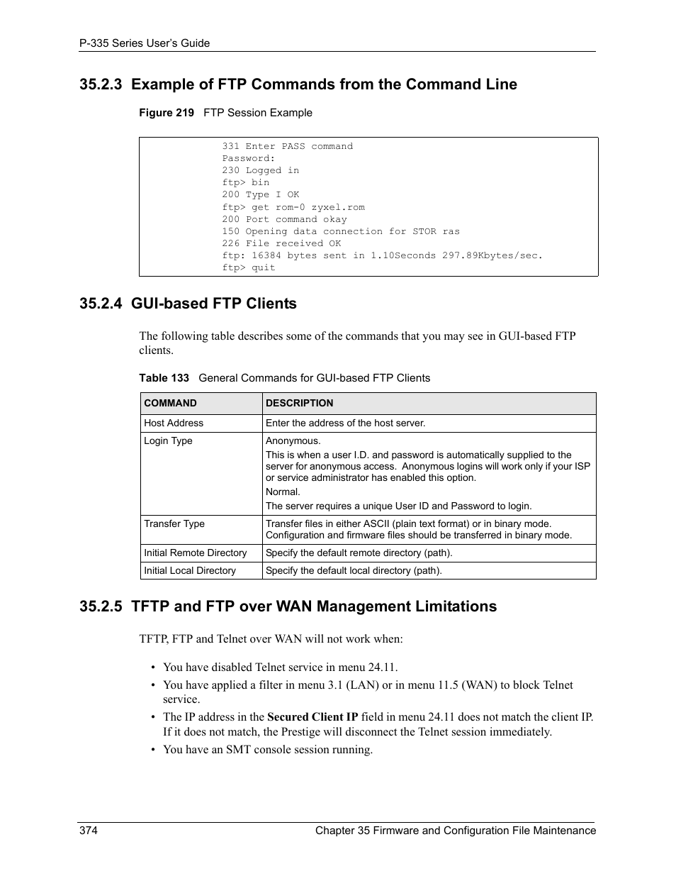 3 example of ftp commands from the command line, 4 gui-based ftp clients, 5 tftp and ftp over wan management limitations | Figure 219 ftp session example | ZyXEL Communications P-335WT User Manual | Page 374 / 509