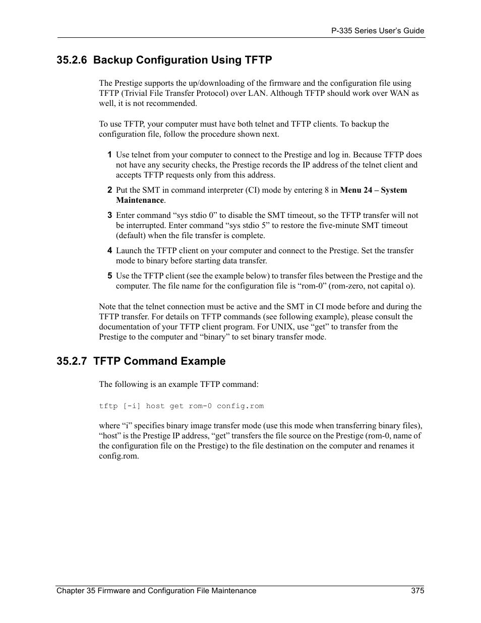 6 backup configuration using tftp, 7 tftp command example | ZyXEL Communications P-335WT User Manual | Page 375 / 509