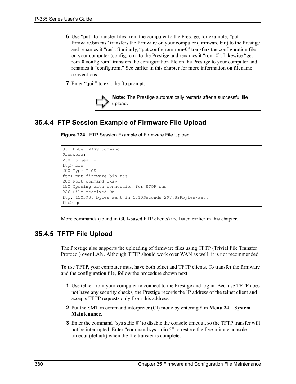 4 ftp session example of firmware file upload, 5 tftp file upload | ZyXEL Communications P-335WT User Manual | Page 380 / 509