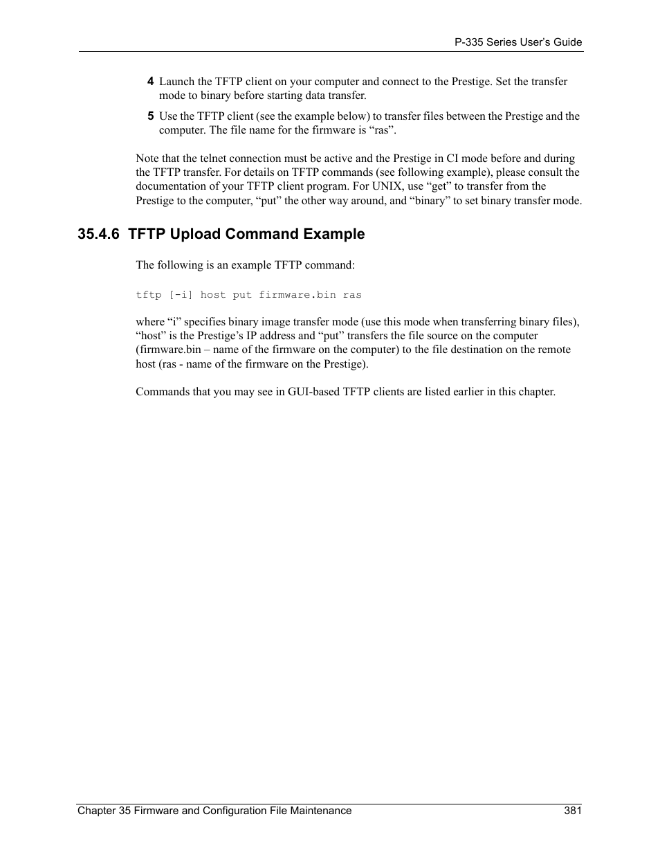 6 tftp upload command example | ZyXEL Communications P-335WT User Manual | Page 381 / 509