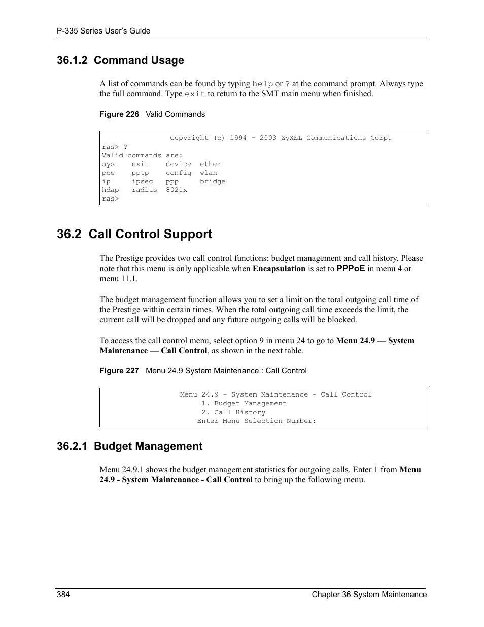 2 command usage, 2 call control support, 1 budget management | ZyXEL Communications P-335WT User Manual | Page 384 / 509