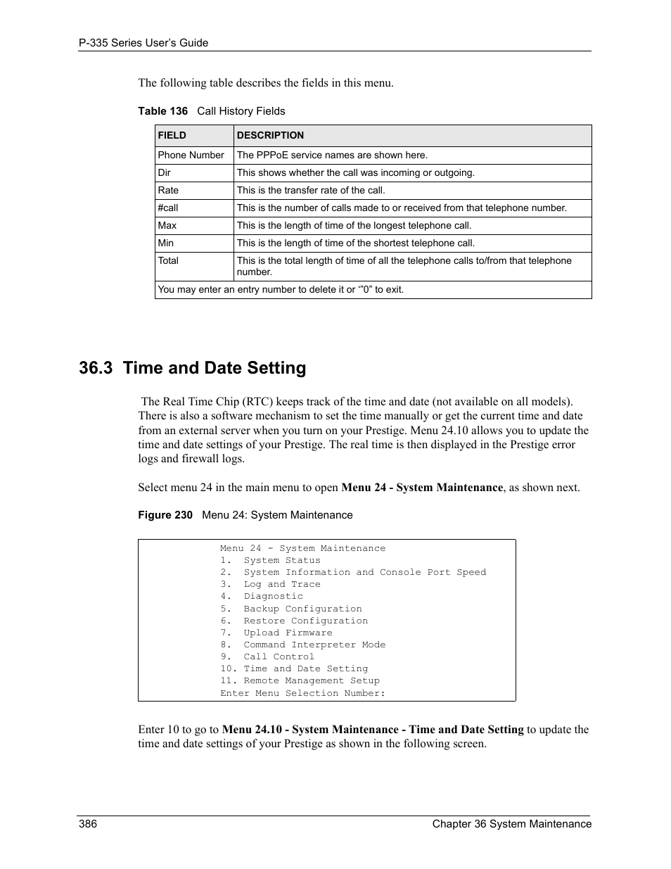 3 time and date setting, Figure 230 menu 24: system maintenance, Table 136 call history fields | ZyXEL Communications P-335WT User Manual | Page 386 / 509