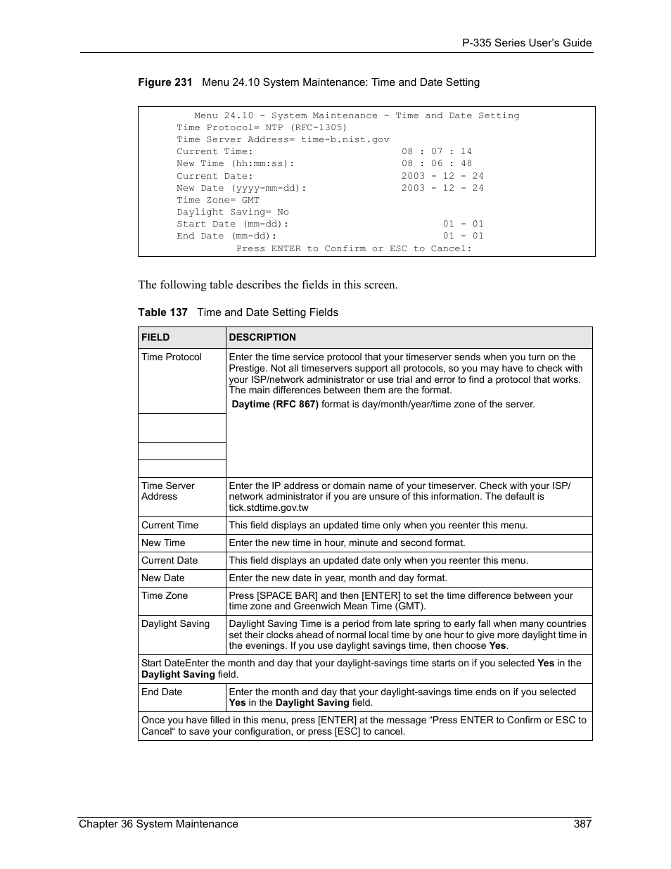 Table 137 time and date setting fields | ZyXEL Communications P-335WT User Manual | Page 387 / 509