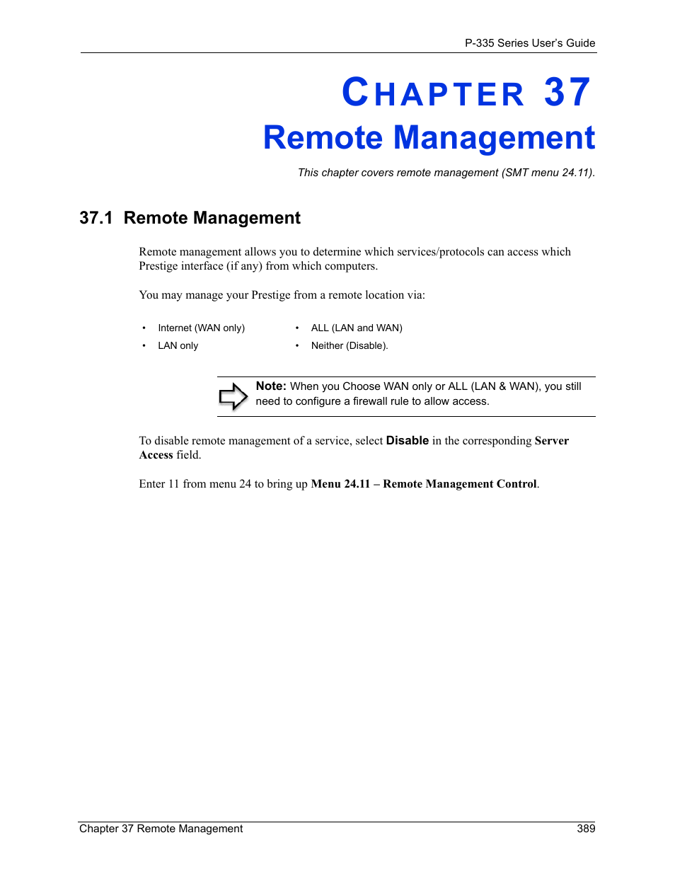 Remote management, 1 remote management, Chapter 37 remote management | ZyXEL Communications P-335WT User Manual | Page 389 / 509