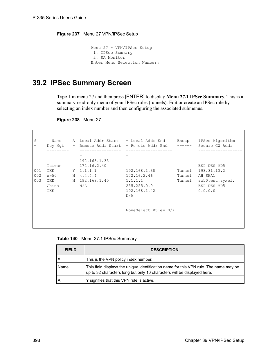 2 ipsec summary screen, Table 140 menu 27.1 ipsec summary | ZyXEL Communications P-335WT User Manual | Page 398 / 509