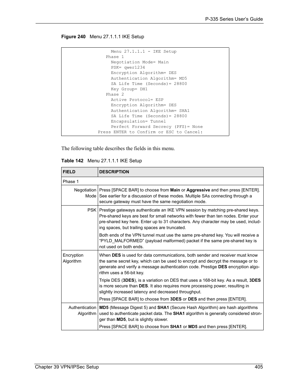 Figure 240 menu 27.1.1.1 ike setup, Table 142 menu 27.1.1.1 ike setup | ZyXEL Communications P-335WT User Manual | Page 405 / 509