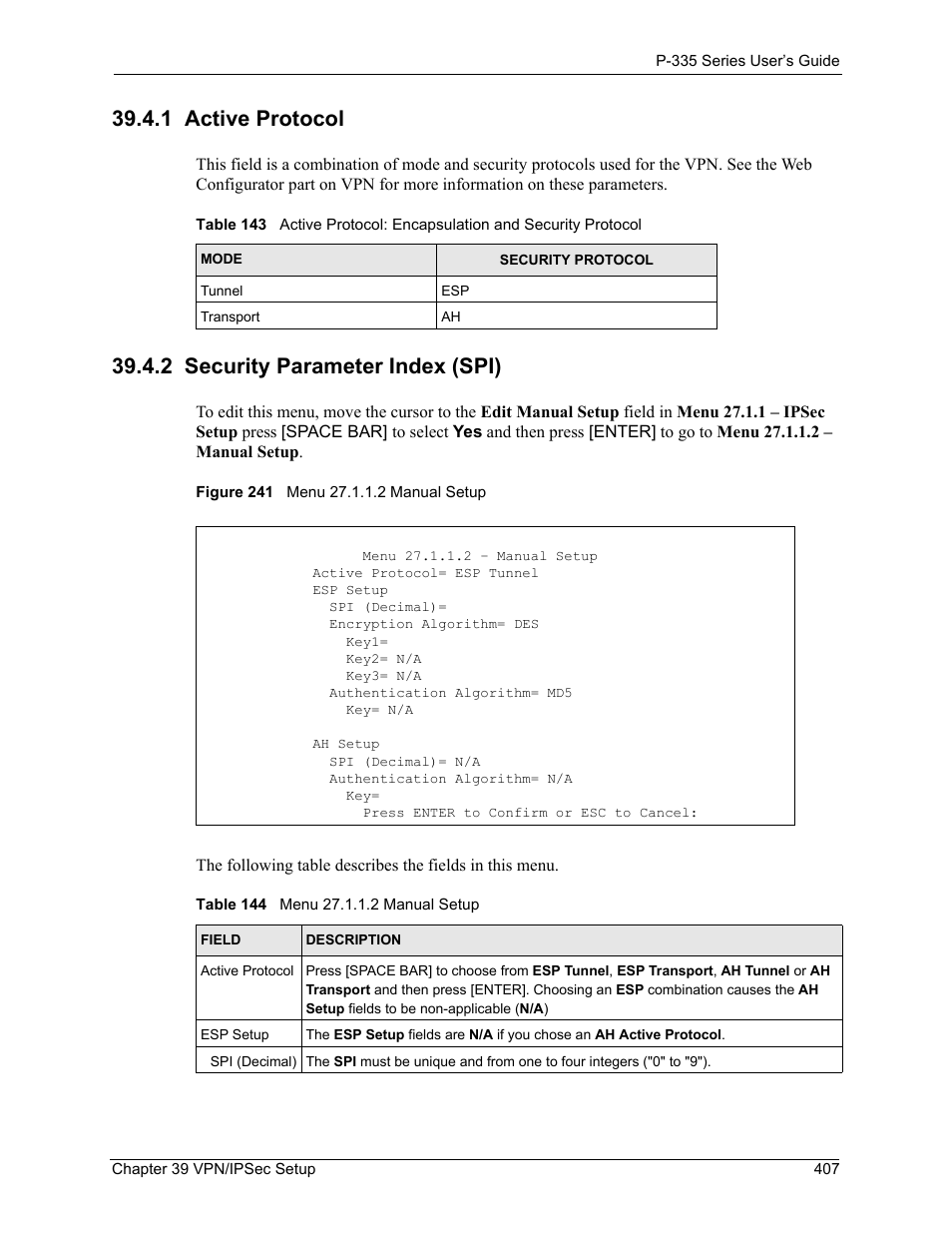 1 active protocol, 2 security parameter index (spi), Figure 241 menu 27.1.1.2 manual setup | ZyXEL Communications P-335WT User Manual | Page 407 / 509