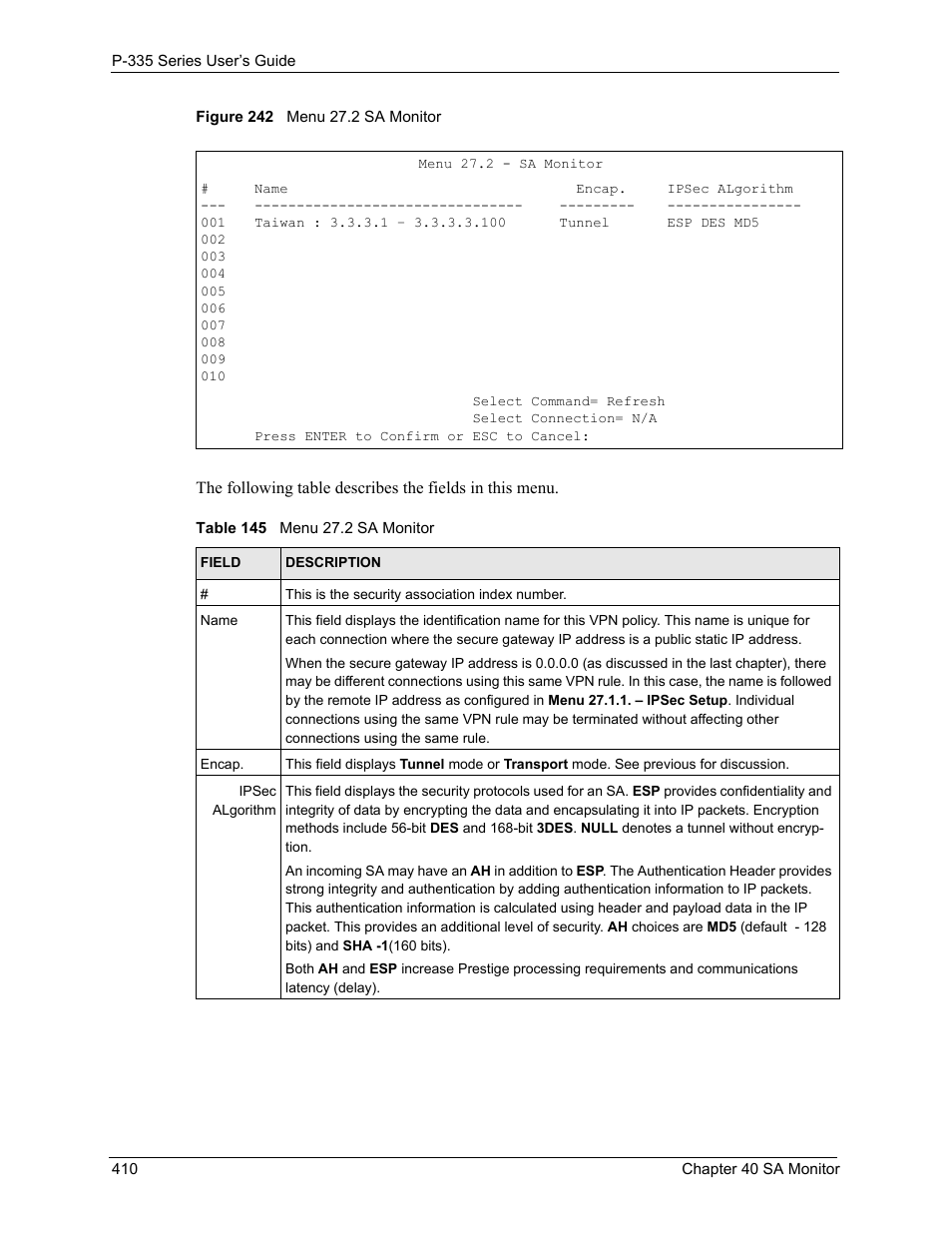 Figure 242 menu 27.2 sa monitor, Table 145 menu 27.2 sa monitor | ZyXEL Communications P-335WT User Manual | Page 410 / 509