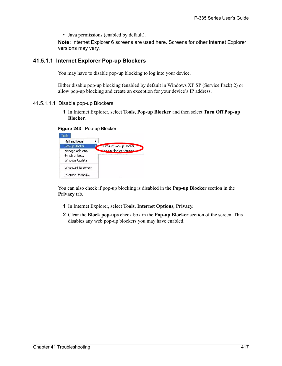 1 internet explorer pop-up blockers, Figure 243 pop-up blocker | ZyXEL Communications P-335WT User Manual | Page 417 / 509