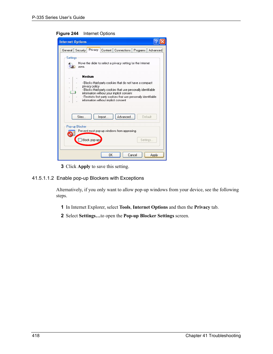 Figure 244 internet options | ZyXEL Communications P-335WT User Manual | Page 418 / 509