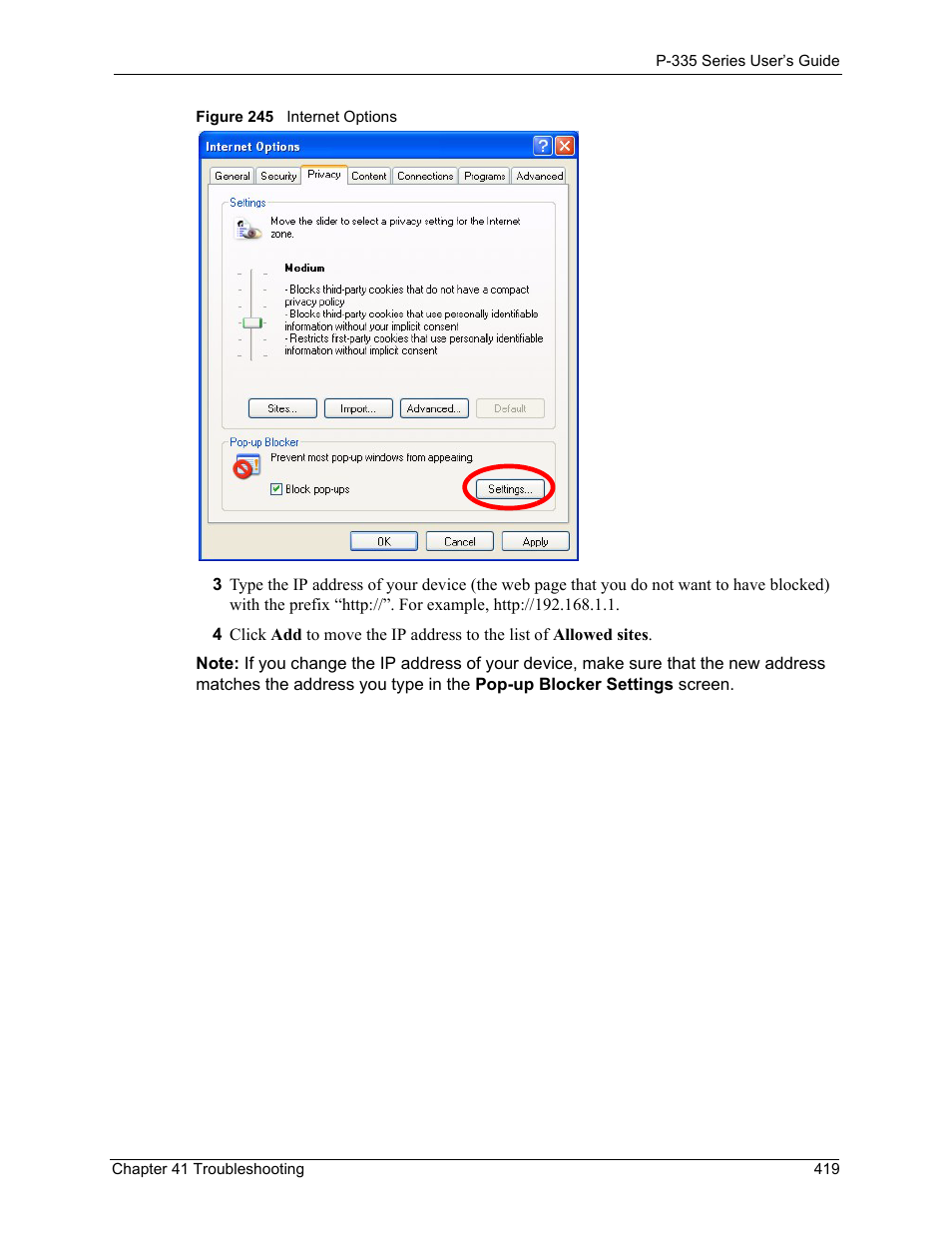 Figure 245 internet options | ZyXEL Communications P-335WT User Manual | Page 419 / 509