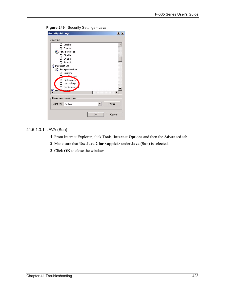 Figure 249 security settings - java | ZyXEL Communications P-335WT User Manual | Page 423 / 509