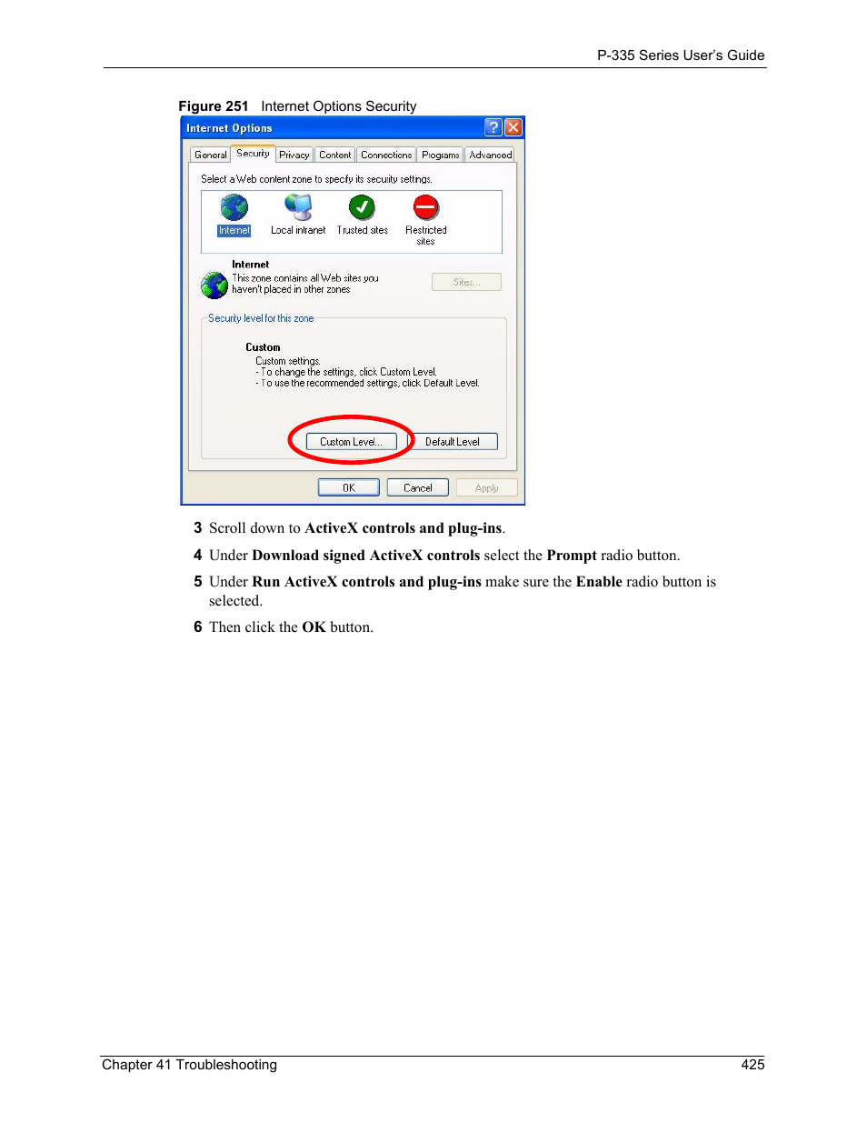 Figure 251 internet options security | ZyXEL Communications P-335WT User Manual | Page 425 / 509