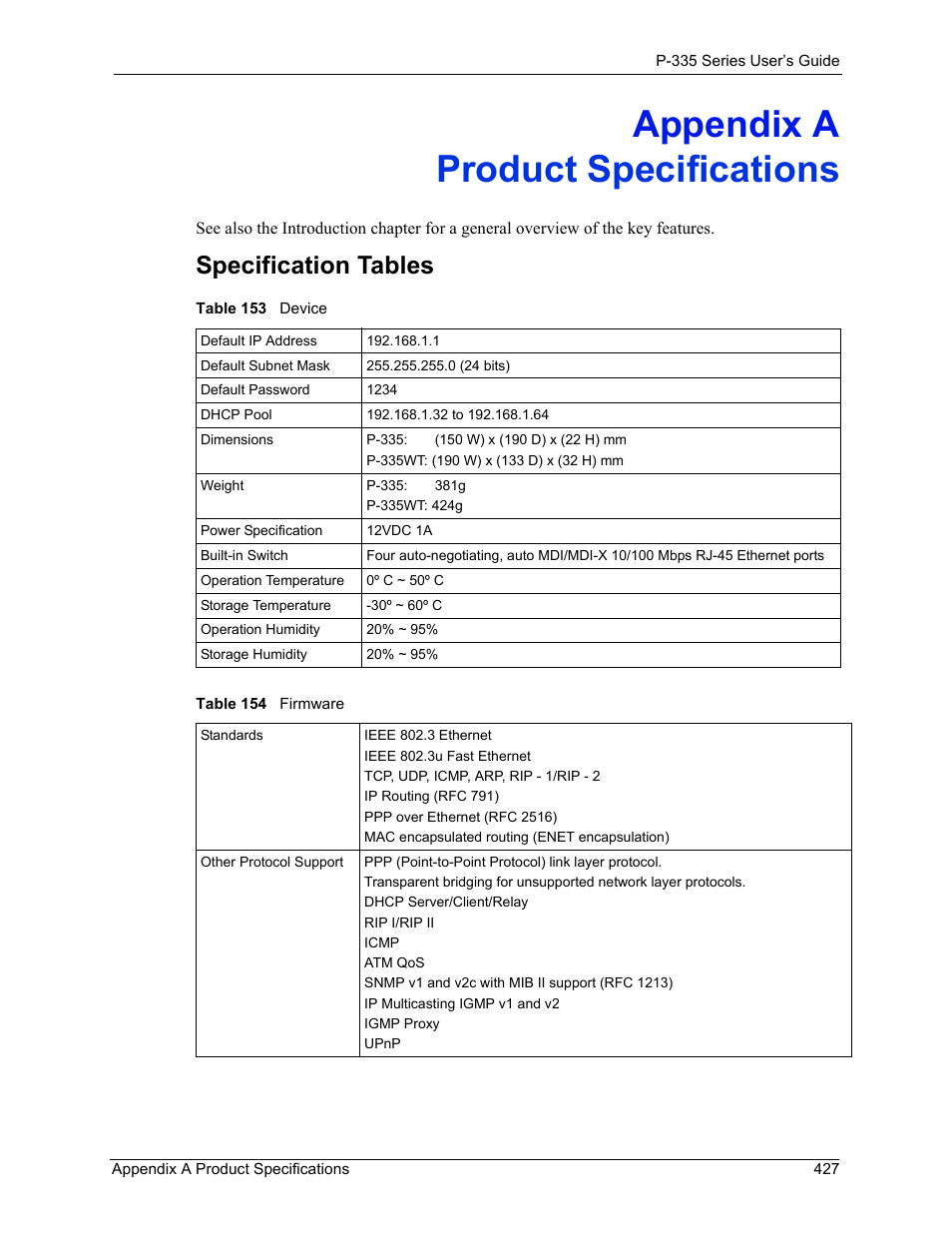 Appendix a, Product specifications, Table 153 device table 154 firmware | Appendix a product specifications, Specification tables | ZyXEL Communications P-335WT User Manual | Page 427 / 509