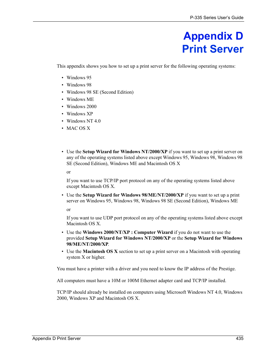 Appendix d, Print server, Appendix d print server | ZyXEL Communications P-335WT User Manual | Page 435 / 509