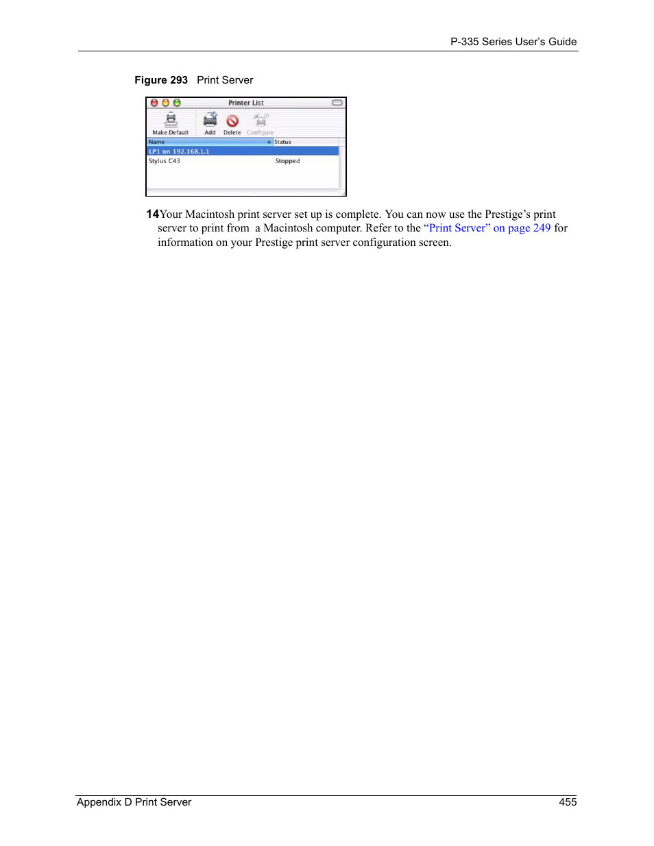 Figure 293 print server | ZyXEL Communications P-335WT User Manual | Page 455 / 509