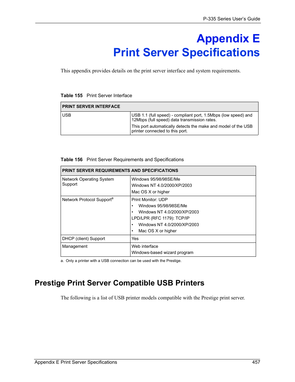 Appendix e, Print server specifications, Prestige print server compatible usb printers | Appendix e print server specifications | ZyXEL Communications P-335WT User Manual | Page 457 / 509