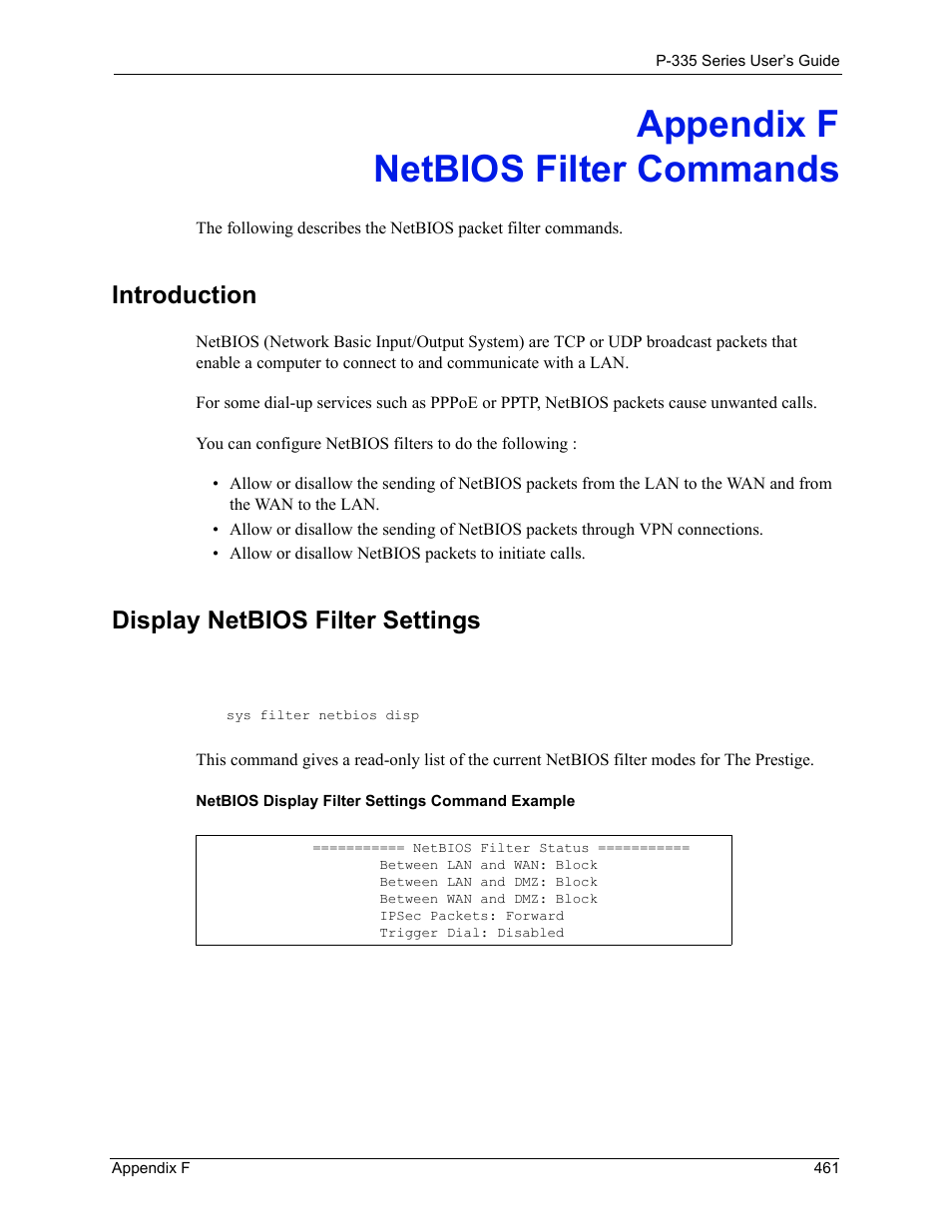 Appendix f, Introduction, Display netbios filter settings | Appendix f netbios filter commands | ZyXEL Communications P-335WT User Manual | Page 461 / 509