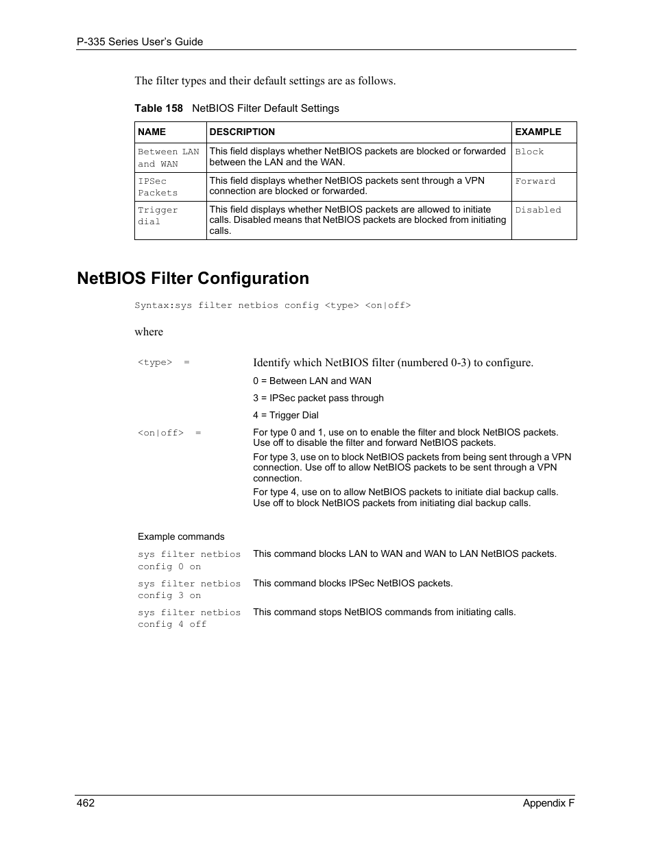 Netbios filter configuration, Table 158 netbios filter default settings | ZyXEL Communications P-335WT User Manual | Page 462 / 509