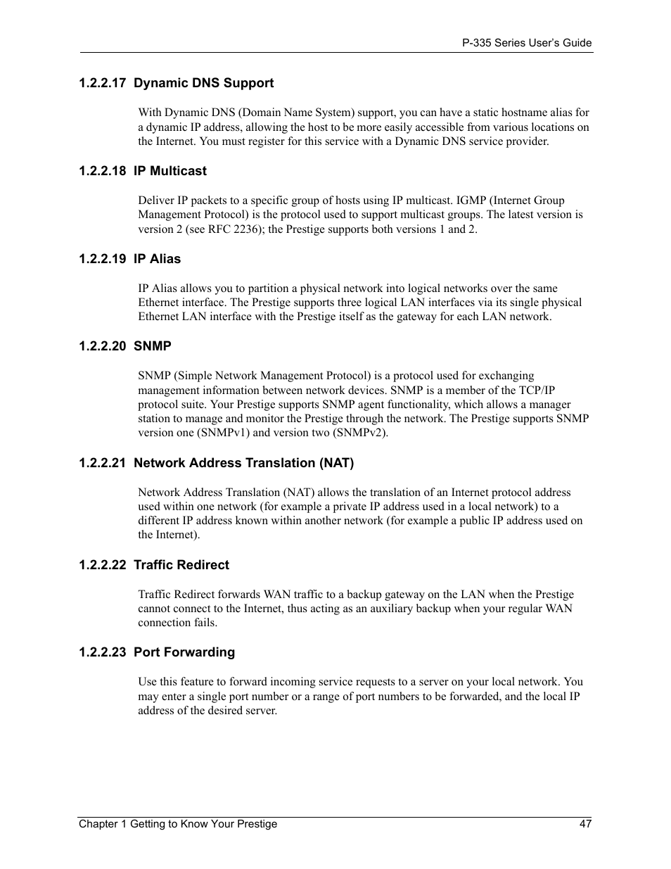 17 dynamic dns support, 18 ip multicast, 19 ip alias | 20 snmp, 21 network address translation (nat), 22 traffic redirect, 23 port forwarding | ZyXEL Communications P-335WT User Manual | Page 47 / 509