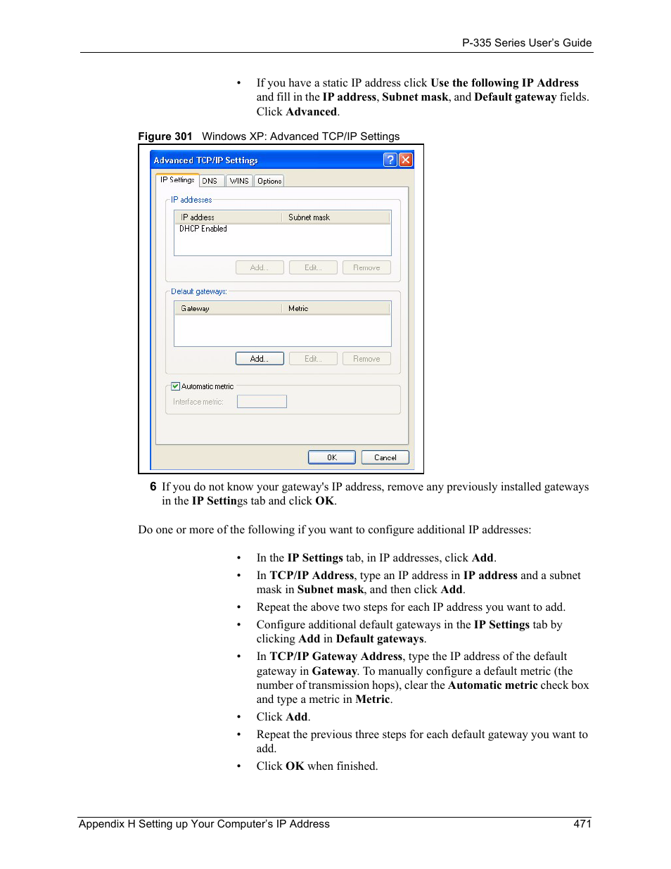 Figure 301 windows xp: advanced tcp/ip settings | ZyXEL Communications P-335WT User Manual | Page 471 / 509