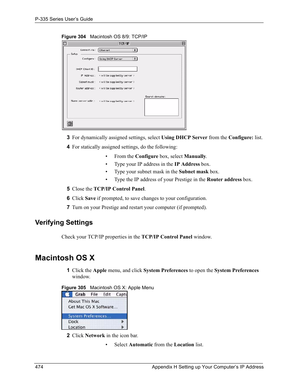 Verifying settings, Macintosh os x | ZyXEL Communications P-335WT User Manual | Page 474 / 509