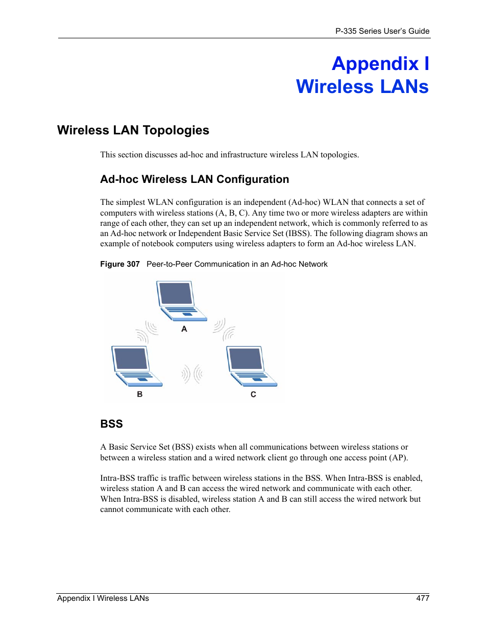 Appendix i, Wireless lans, Wireless lan topologies | Ad-hoc wireless lan configuration, Appendix i wireless lans | ZyXEL Communications P-335WT User Manual | Page 477 / 509