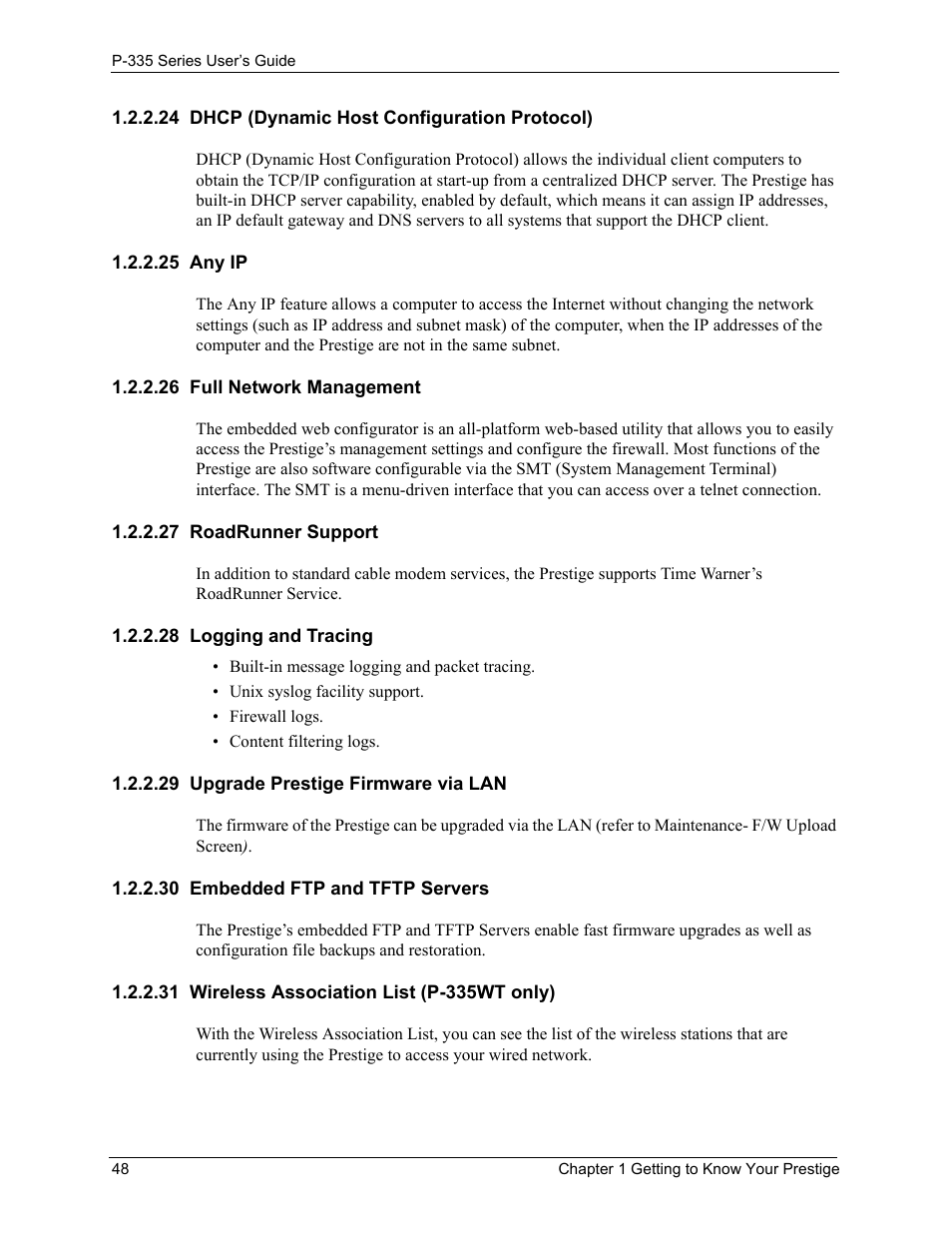 24 dhcp (dynamic host configuration protocol), 25 any ip, 26 full network management | 27 roadrunner support, 28 logging and tracing, 29 upgrade prestige firmware via lan, 30 embedded ftp and tftp servers, 31 wireless association list (p-335wt only) | ZyXEL Communications P-335WT User Manual | Page 48 / 509