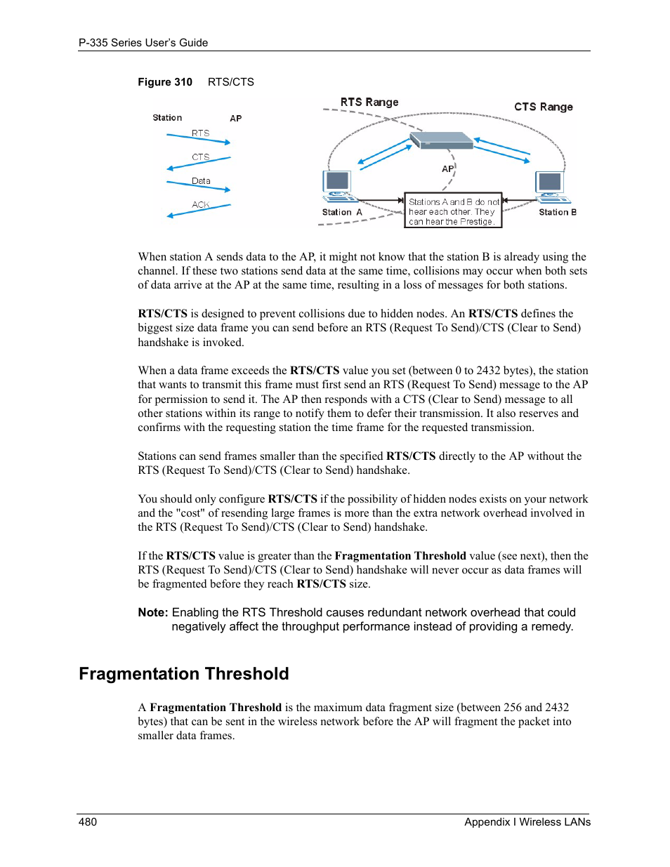 Fragmentation threshold, Figure 310 rts/cts | ZyXEL Communications P-335WT User Manual | Page 480 / 509