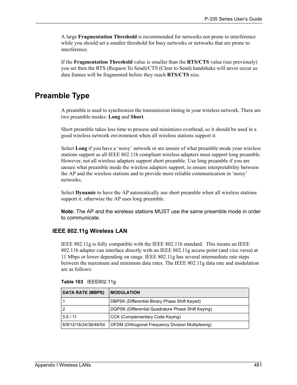 Preamble type, Table 163 ieee802.11g | ZyXEL Communications P-335WT User Manual | Page 481 / 509