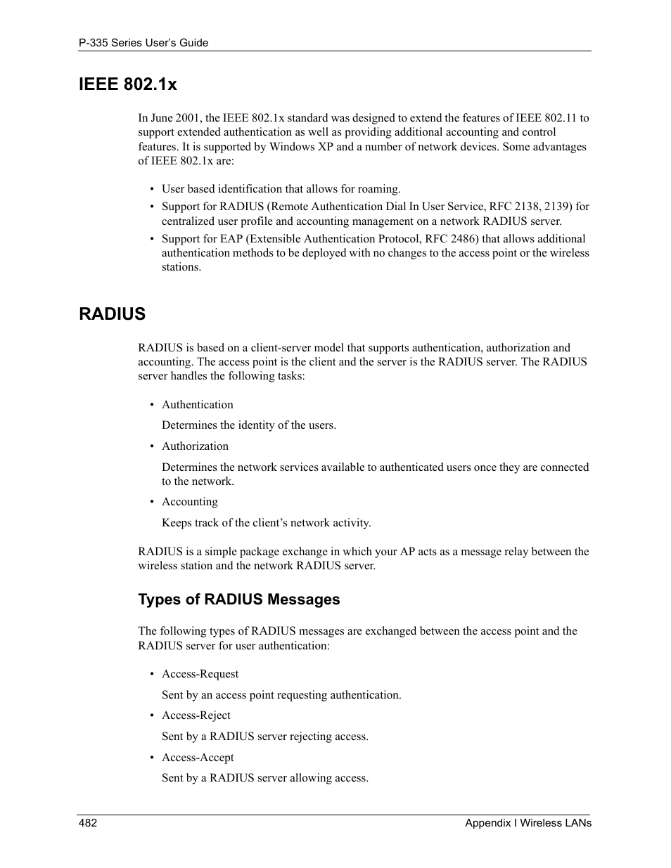 Ieee 802.1x, Radius, Types of radius messages | ZyXEL Communications P-335WT User Manual | Page 482 / 509