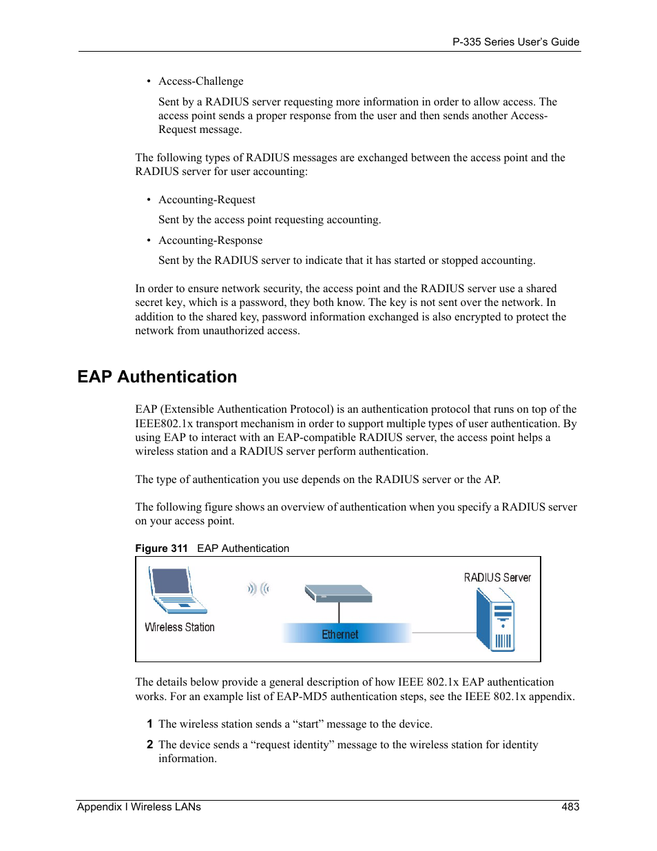 Eap authentication, Figure 311 eap authentication | ZyXEL Communications P-335WT User Manual | Page 483 / 509