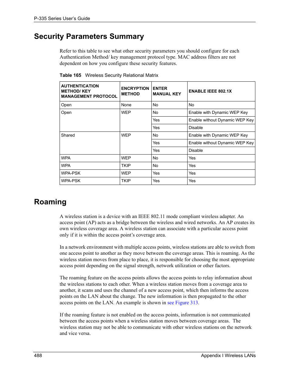 Security parameters summary, Roaming, Table 165 wireless security relational matrix | ZyXEL Communications P-335WT User Manual | Page 488 / 509