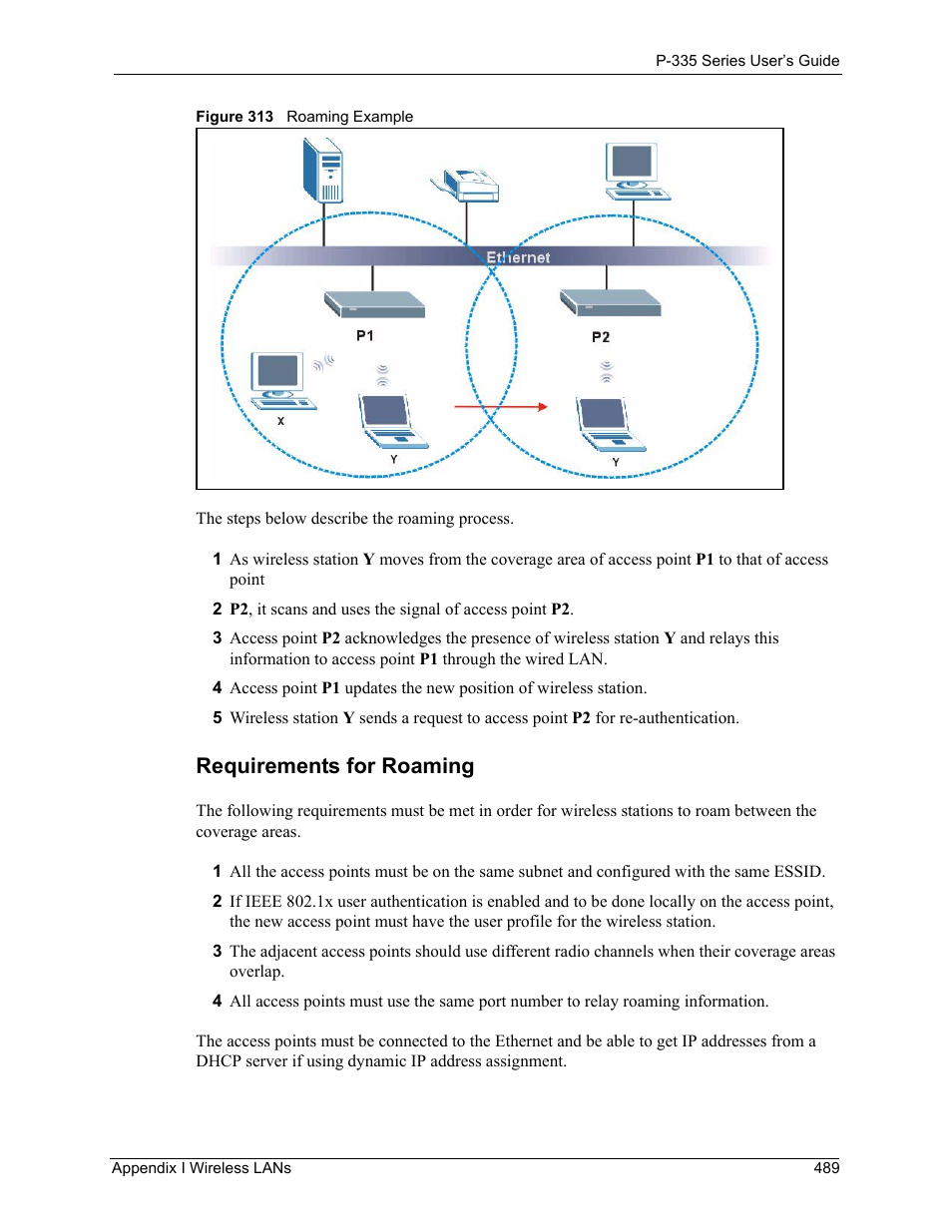 Requirements for roaming, Figure 313 roaming example | ZyXEL Communications P-335WT User Manual | Page 489 / 509