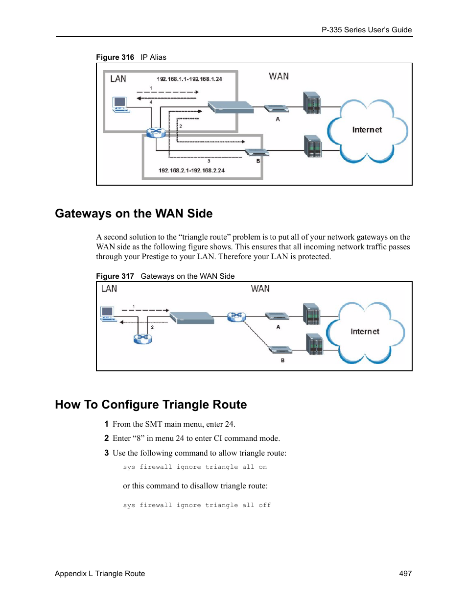 Gateways on the wan side, How to configure triangle route | ZyXEL Communications P-335WT User Manual | Page 497 / 509