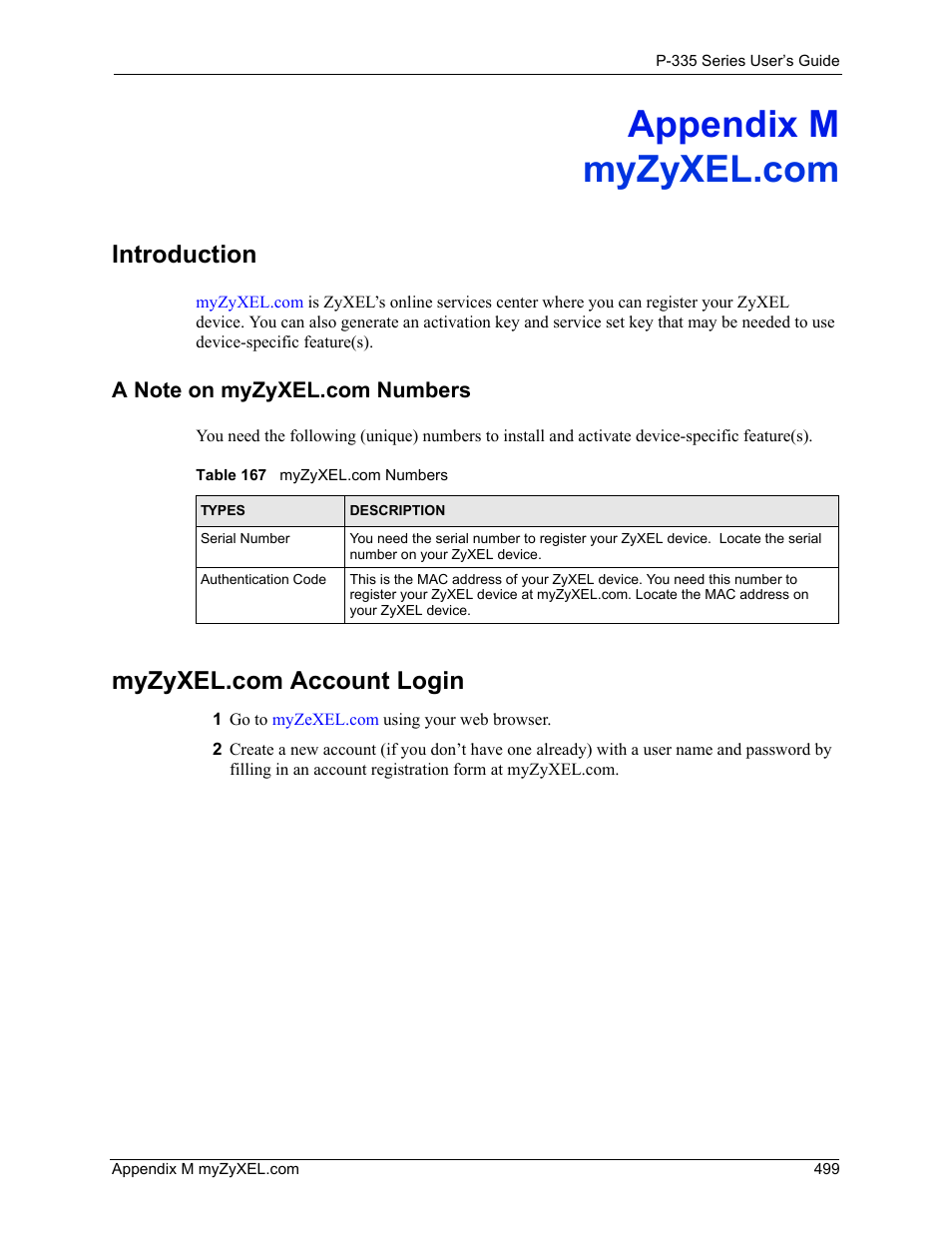 Appendix m, Myzyxel.com, Introduction | A note on myzyxel.com numbers, Myzyxel.com account login | ZyXEL Communications P-335WT User Manual | Page 499 / 509