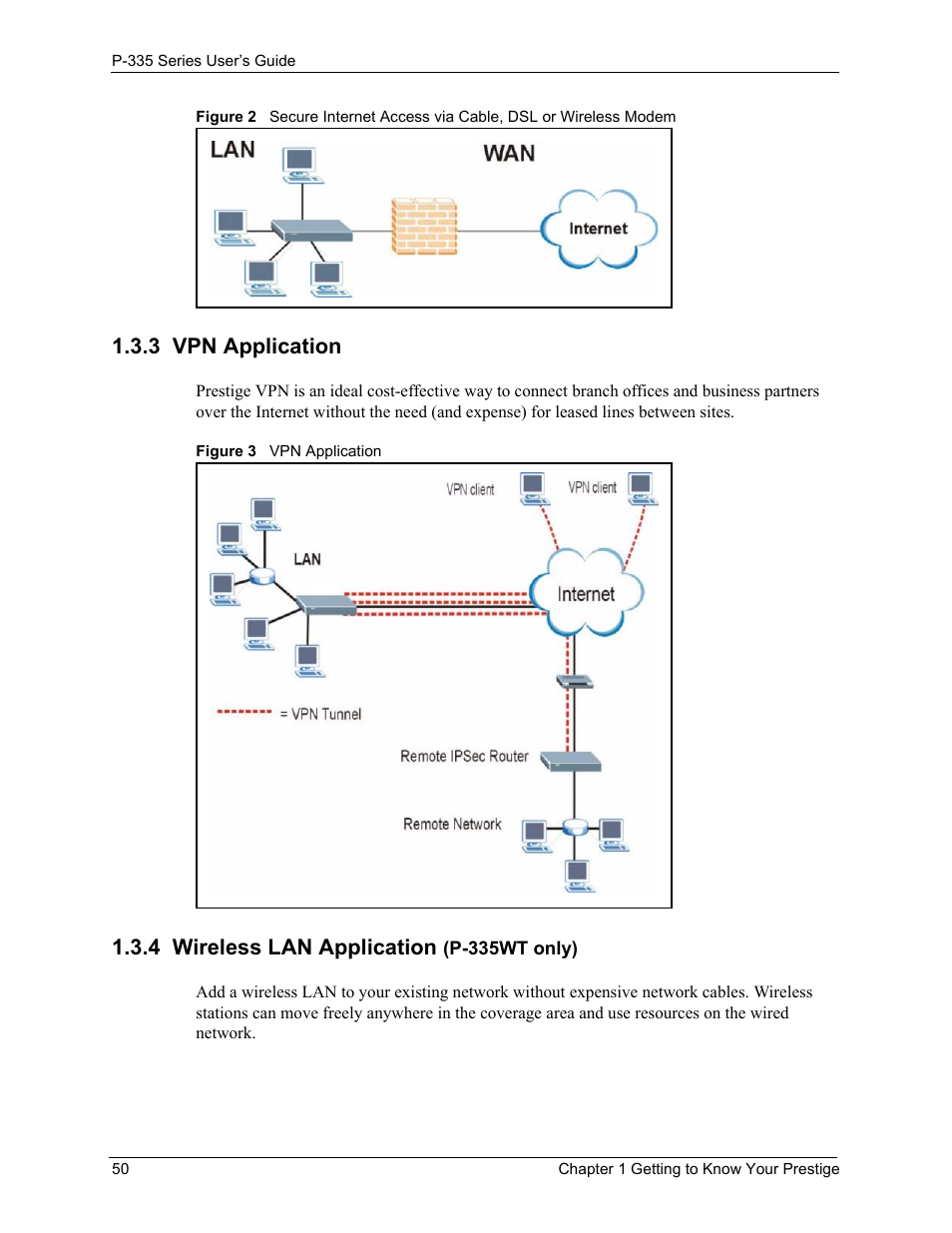 3 vpn application, 4 wireless lan application (p-335wt only), 4 wireless lan application | ZyXEL Communications P-335WT User Manual | Page 50 / 509