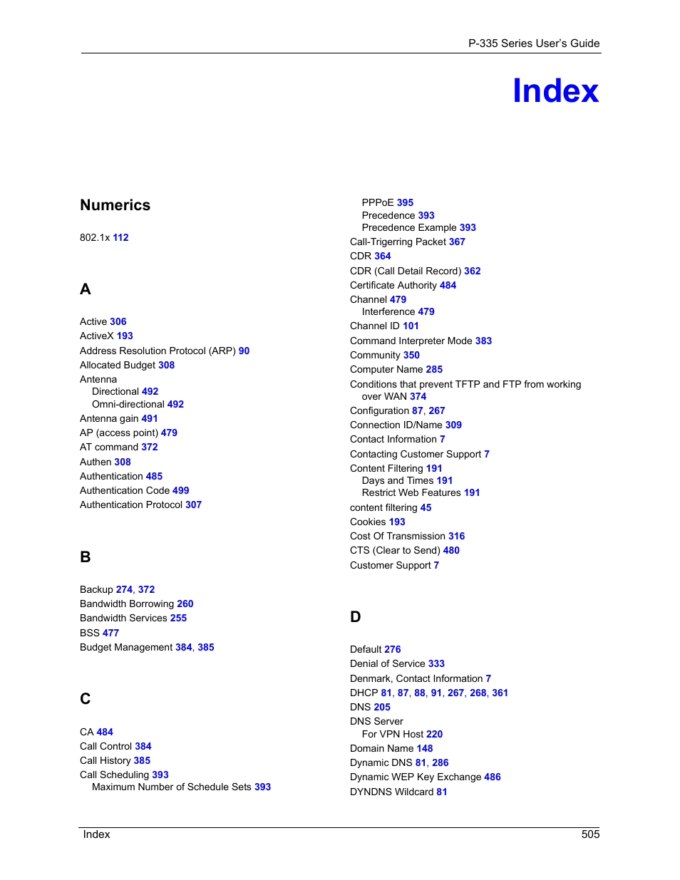 Index, Numerics | ZyXEL Communications P-335WT User Manual | Page 505 / 509