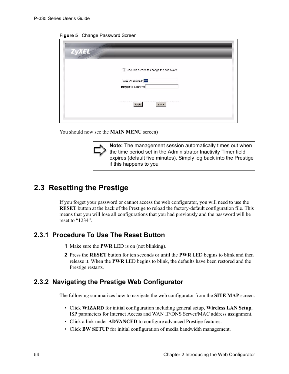 3 resetting the prestige, 1 procedure to use the reset button, 2 navigating the prestige web configurator | Figure 5 change password screen | ZyXEL Communications P-335WT User Manual | Page 54 / 509