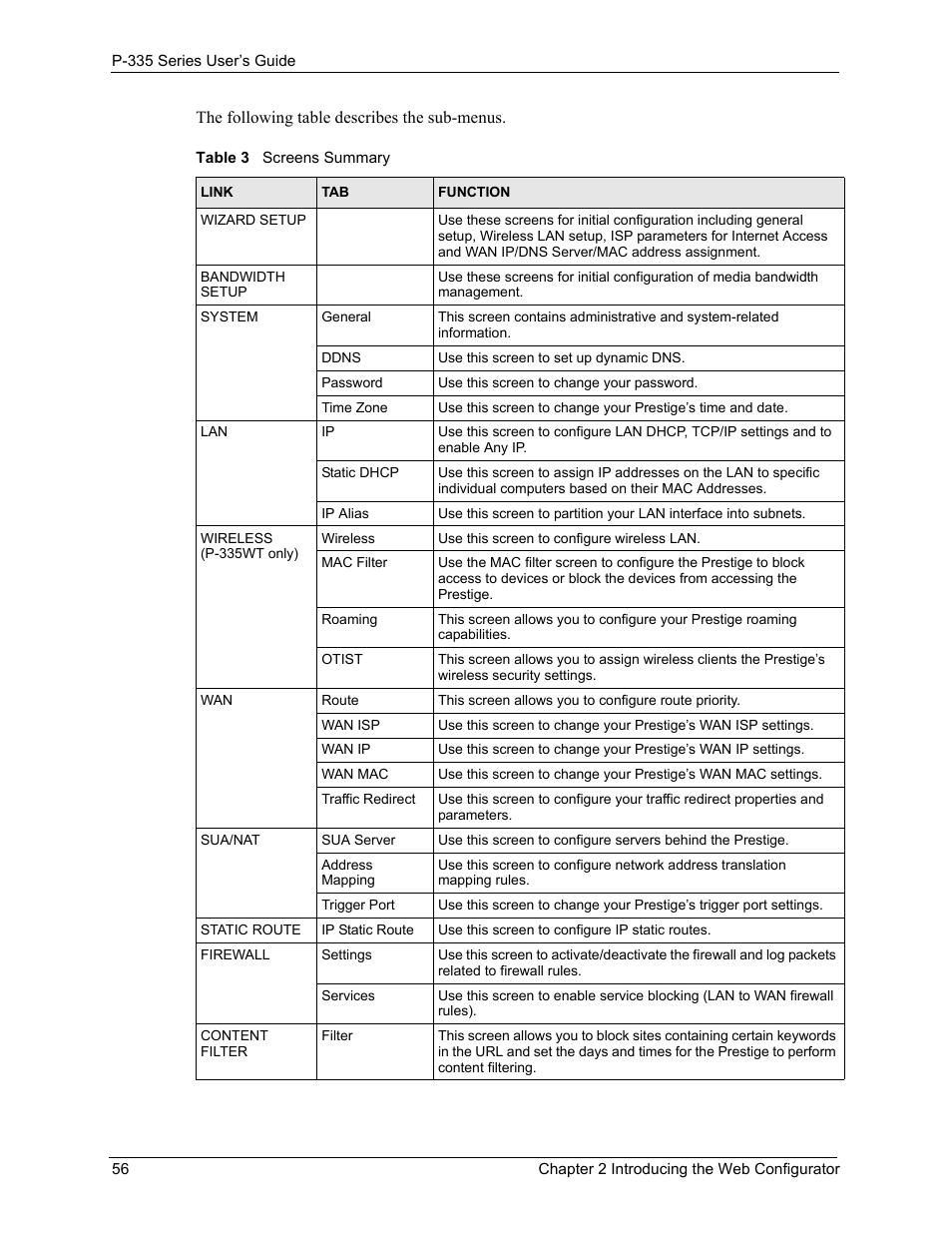 Table 3 screens summary | ZyXEL Communications P-335WT User Manual | Page 56 / 509