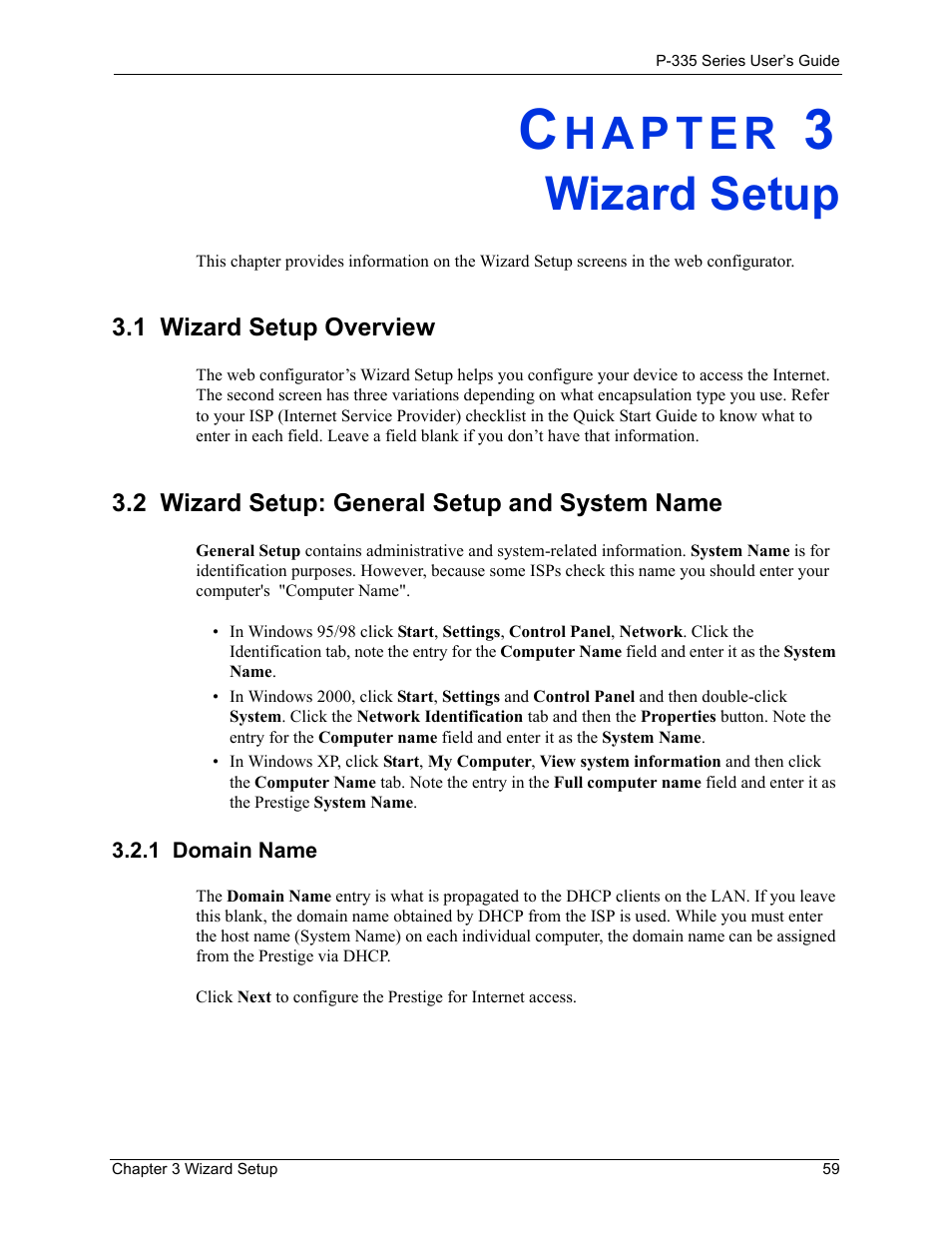 Wizard setup, 1 wizard setup overview, 2 wizard setup: general setup and system name | 1 domain name, Chapter 3 wizard setup | ZyXEL Communications P-335WT User Manual | Page 59 / 509