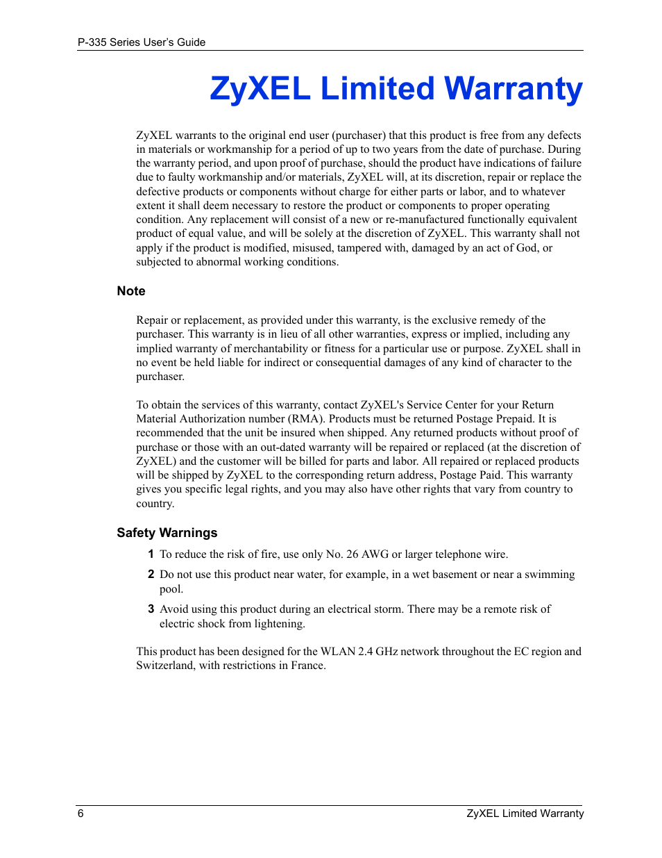 Zyxel limited warranty | ZyXEL Communications P-335WT User Manual | Page 6 / 509