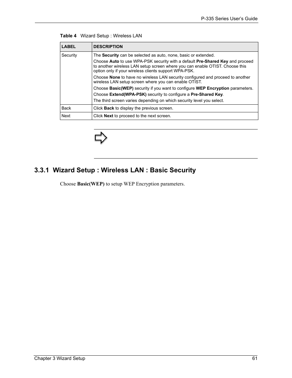 1 wizard setup : wireless lan : basic security | ZyXEL Communications P-335WT User Manual | Page 61 / 509