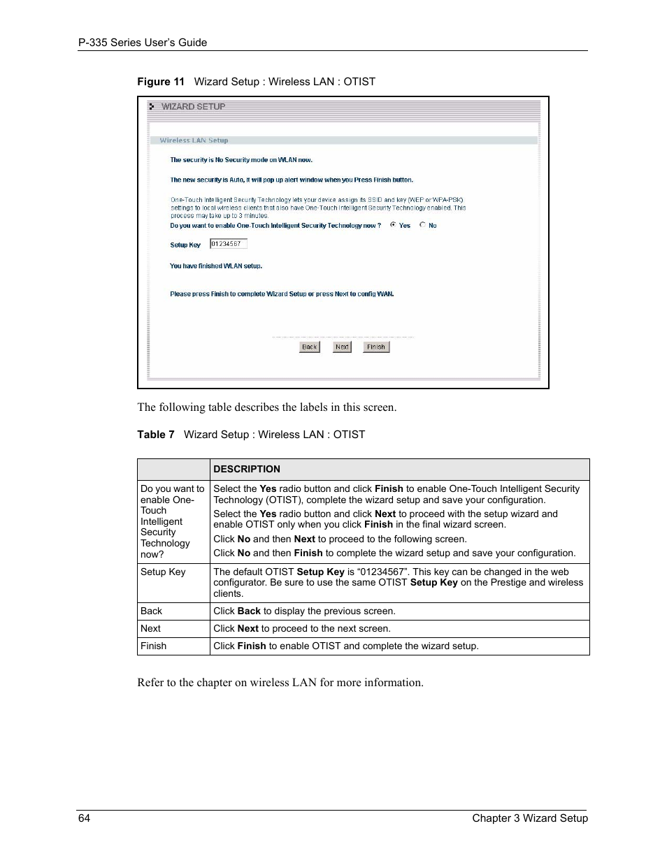 Figure 11 wizard setup : wireless lan : otist, Table 7 wizard setup : wireless lan : otist | ZyXEL Communications P-335WT User Manual | Page 64 / 509