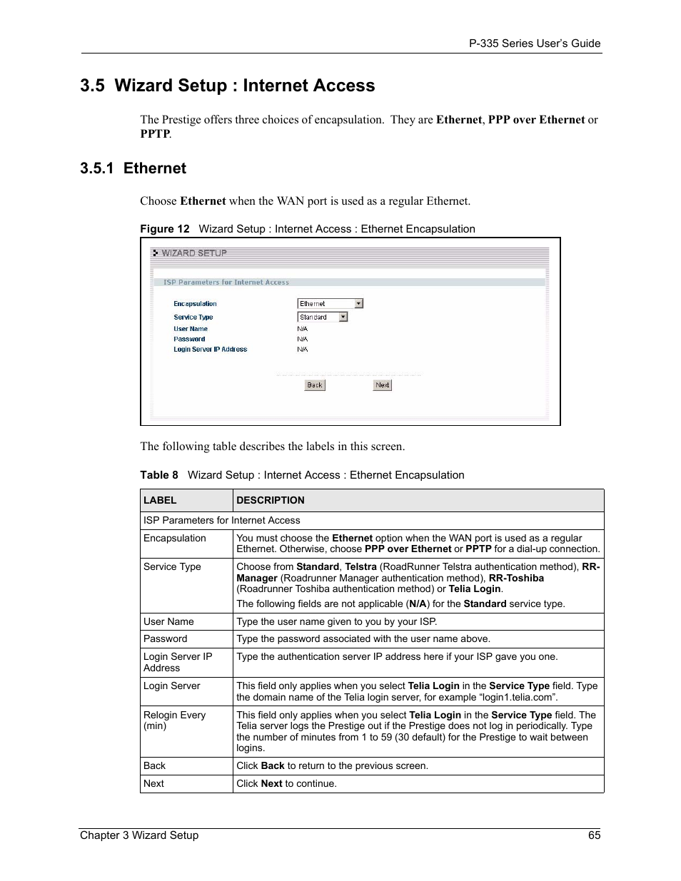 5 wizard setup : internet access, 1 ethernet | ZyXEL Communications P-335WT User Manual | Page 65 / 509