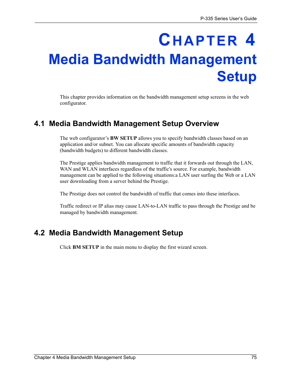 Media bandwidth management setup, 1 media bandwidth management setup overview, 2 media bandwidth management setup | Chapter 4 media bandwidth management setup | ZyXEL Communications P-335WT User Manual | Page 75 / 509