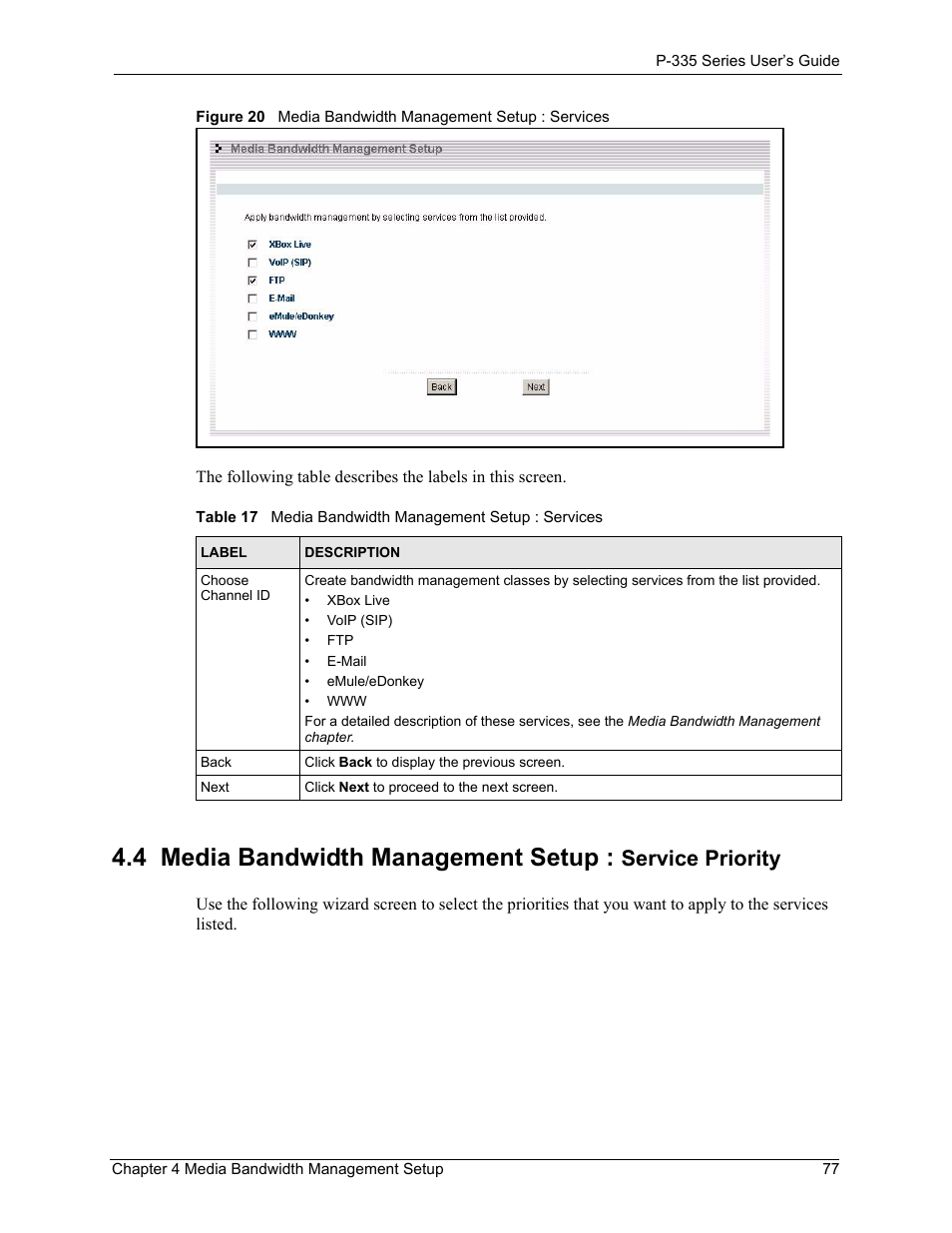 4 media bandwidth management setup, Service priority | ZyXEL Communications P-335WT User Manual | Page 77 / 509